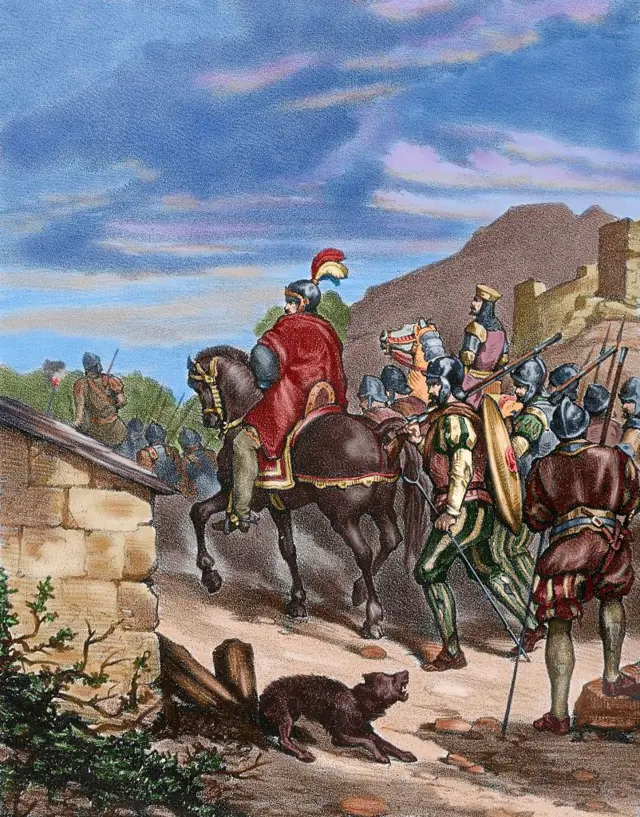 Una ilustración de Francisco Pizarro avanzando con sus hombres en la conquista de los incas