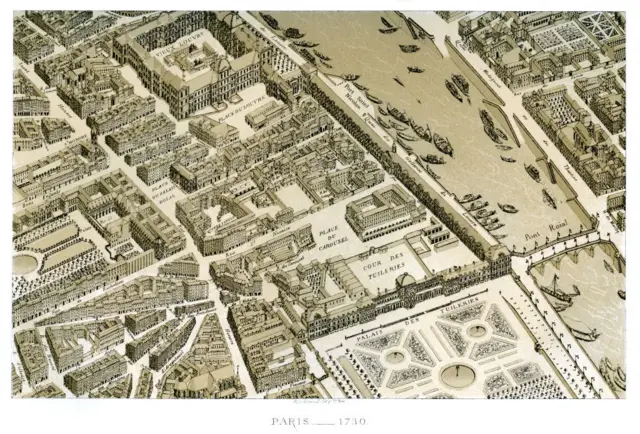 Un plano antiguo de París en las inmediaciones del palacio del Louvre