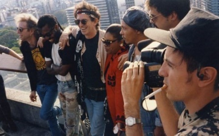 Keith Richards y sus compañeros de banda durante su primera visita a la Argentina, en noviembre de 1992. 