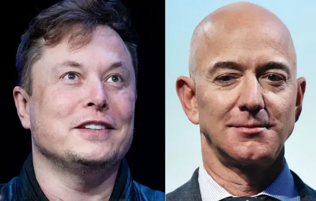 Retratos de Elon Musk y Jeff Bezos.