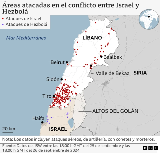 mapa de ataques Israel Líbano