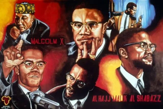 Afiche con varias ilustraciones de Malcolm X y una de Elijah Muhammad.