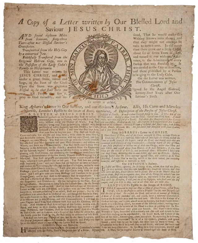 Página con texto de la carta celestial e imágen de Jesucristo