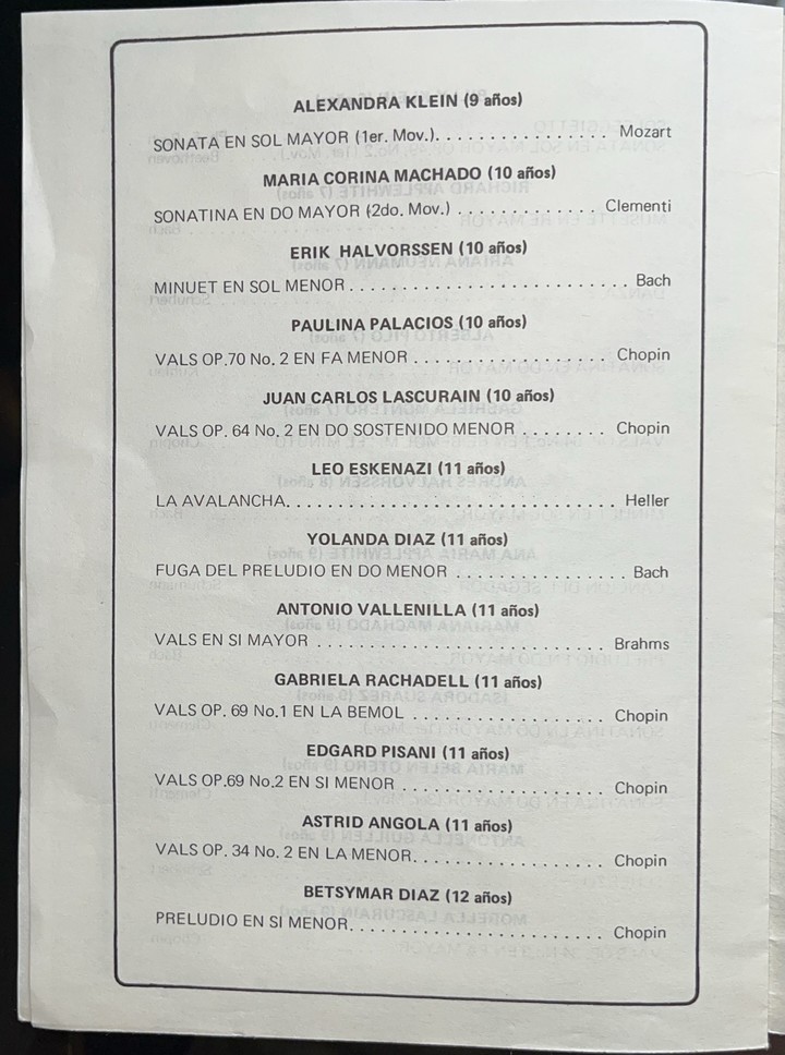 Programa de ujno de los conciertos de los alumnos de Lyl Tiempo que menciona a María Corina Machado.