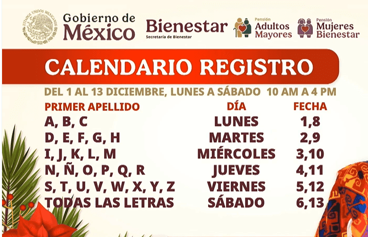 Calendario de Registro Pensión Bienestar diciembre 2025. ESPECIAL 