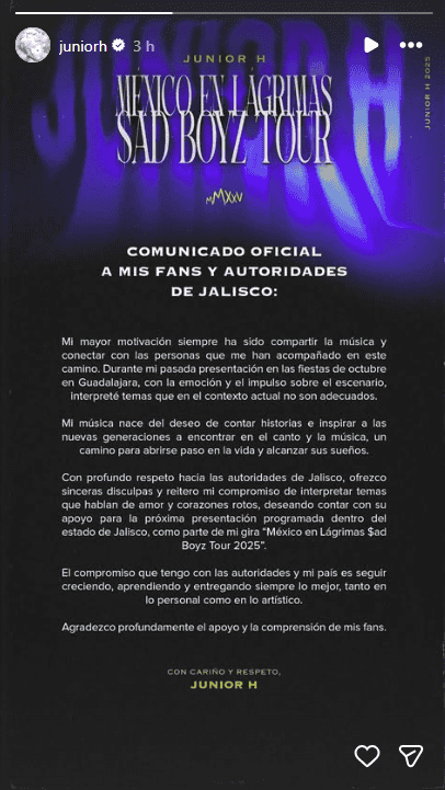 Junior H publicó un comunicado dirigido a sus seguidores y al Gobierno de Jalisco. ESPECIAL/ INSTAGRAM/ juniorh