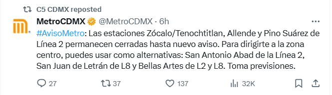 Metro de la Ciudad de México reporta algunas de sus estaciones cerradas. X / @MetroCDMX Metro de la Ciudad de México reporta algunas de sus estaciones cerradas. X / @MetroCDMX