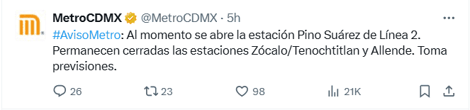 Metro de la Ciudad de México reporta algunas de sus estaciones cerradas. X / @MetroCDMX Metro de la Ciudad de México reporta algunas de sus estaciones cerradas. X / @MetroCDMX