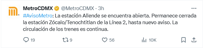 Metro de la Ciudad de México reporta algunas de sus estaciones cerradas. X / @MetroCDMX Metro de la Ciudad de México reporta algunas de sus estaciones cerradas. X / @MetroCDMX