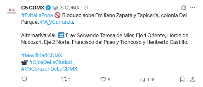 Vialidades afectadas este jueves en la Ciudad de México. X / @C5_CDMX Vialidades afectadas este jueves en la Ciudad de México. X / @C5_CDMX