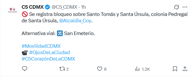 Vialidades afectadas este jueves en la Ciudad de México. X / @C5_CDMX Vialidades afectadas este jueves en la Ciudad de México. X / @C5_CDMX