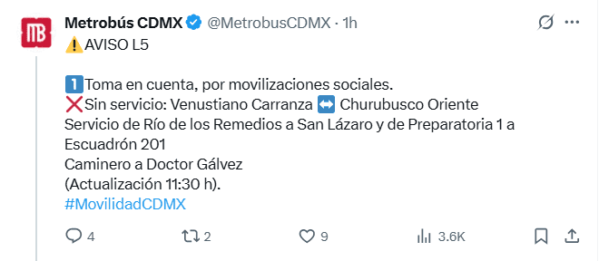    Actualizaciones del Metrobús CDMX. X / @MetrobusCDMX 