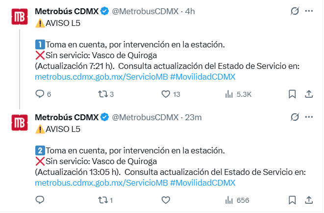    Actualizaciones del Metrobús CDMX. X / @MetrobusCDMX