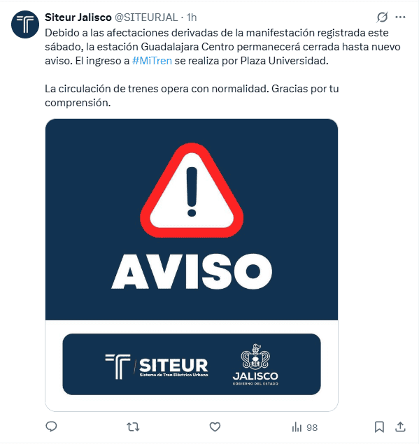 Anuncio de Siteur sobre el cierre de la estación Guadalajara Centro. Toma tus precauciones. X / @SITEURJAL Anuncio de Siteur sobre el cierre de la estación Guadalajara Centro. Toma tus precauciones. X / @SITEURJAL