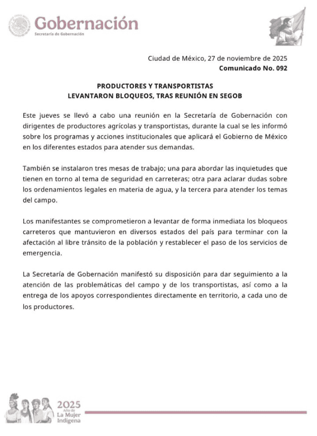 Comunicado de la Segob tras la reunión con manifestantes. X / @jalisco_sict Comunicado de la Segob tras la reunión con manifestantes. X / @jalisco_sict