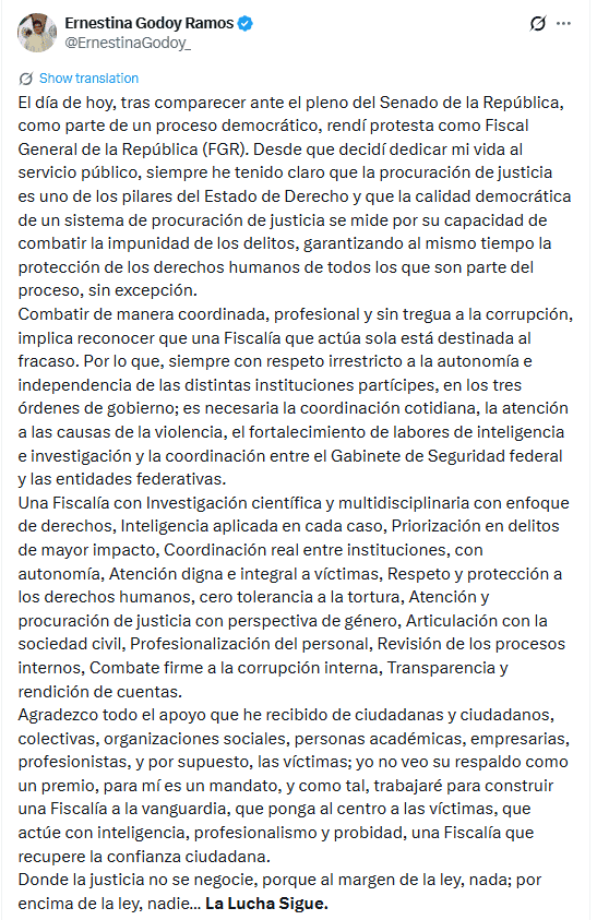 Publicación de la funcionaria desde sus redes sociales. X / @ErnestinaGodoy_ Publicación de la funcionaria desde sus redes sociales. X / @ErnestinaGodoy_