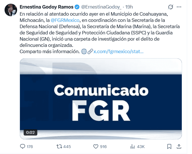  Publicación de la nueva titular de la FGR. X / @ErnestinaGodoy_