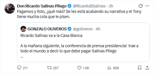 Publicación de Salinas Pliego en redes ante la decisión de la Suprema Corte en favor del SAT. X / @RicardoBSalinas 
