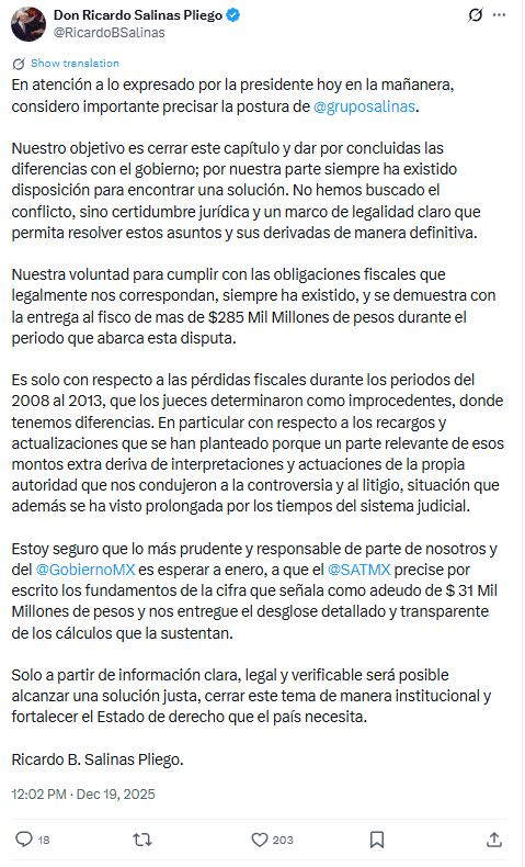  Comunicado completo del dueño de Grupo Salinas. X / @RicardoBSalinas