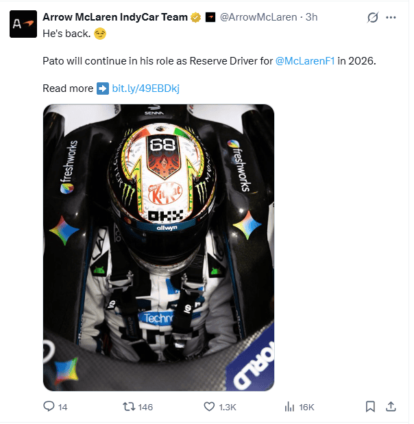  Anuncio desde las redes sociales de McLaren. X / @ArrowMcLaren
