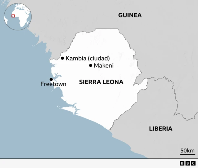 Un mapa de Sierra Leona, en el que se ve la localización de varias ciudades.