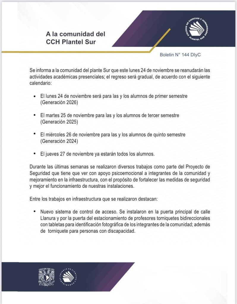 Comunicado del CCH Sur sobre el regreso a clases presenciales.