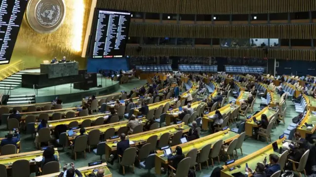 Una vista del salón de la Asamblea General durante una votación.