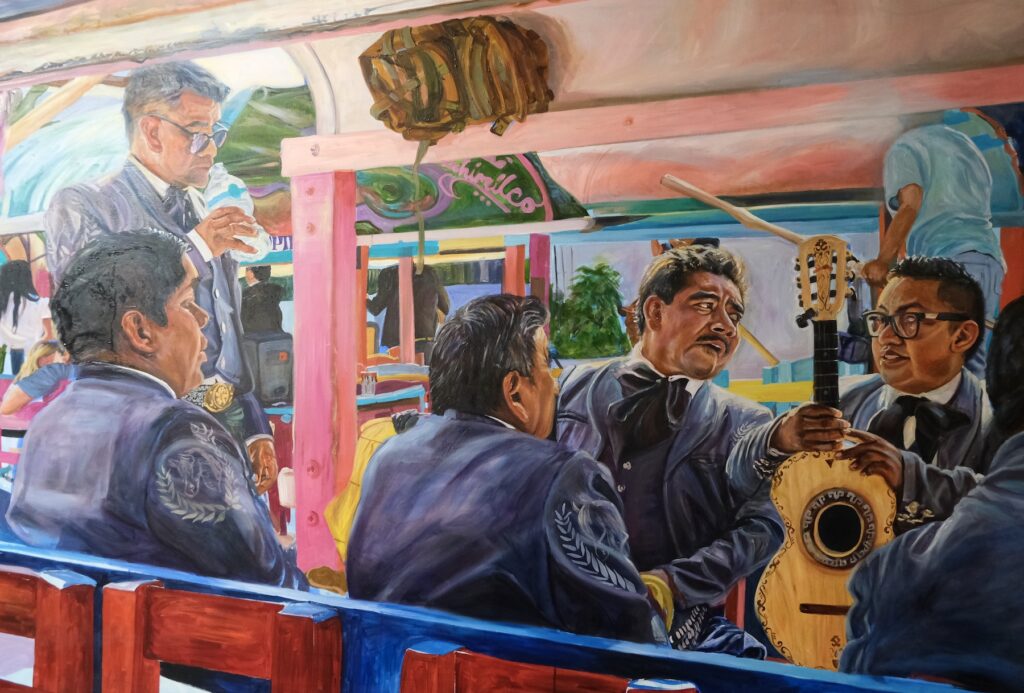 Pintura de mariachis en trajinera.