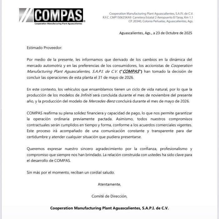 El complejo industrial automotriz Compas, conformado por Nissan y Mercedes Benz, cerrará definitivamente su planta en Aguascalientes para el 31 de mayo de 2026.