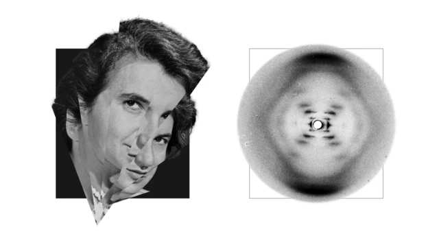 Imagen en blanco y negro de la difracción de rayos X del ADN, conocida como Foto 51, junto a un retrato de Rosalind Franklin.