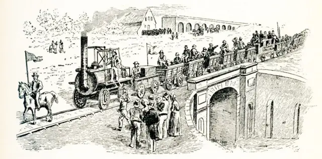 Ilustración del primer tren de pasajeros.