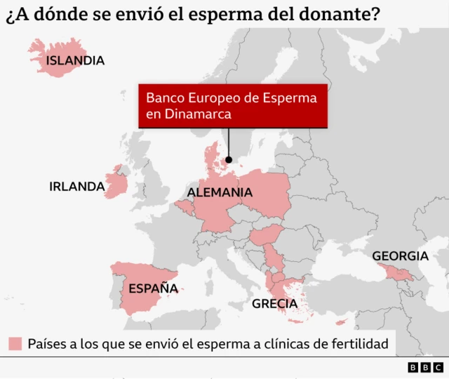 Mapa de Europa en el que se destacan los países en los que las clínicas de fertilidad utilizaron el esperma del donante, mostrando Dinamarca, Bélgica, España, Islandia, Alemania, Grecia, Chipre, Macedonia del Norte, Georgia, Hungría, Irlanda, Polonia, Albania y Serbia. Una etiqueta roja con la inscripción 