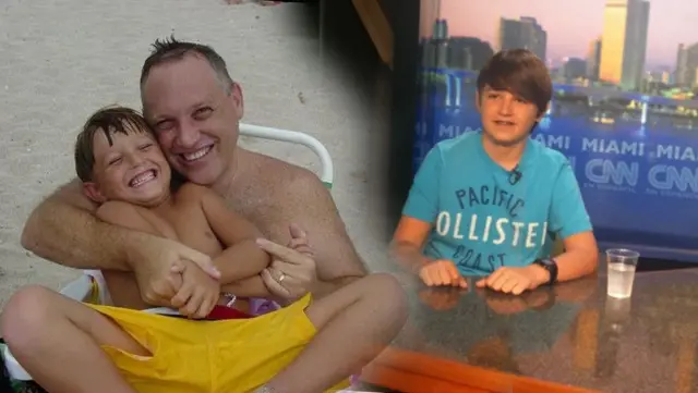 Michael con su padre en la playa (izq), y unos años después (der), cuando tenía 13 años, en una de las varias entrevistas que le hicieron.