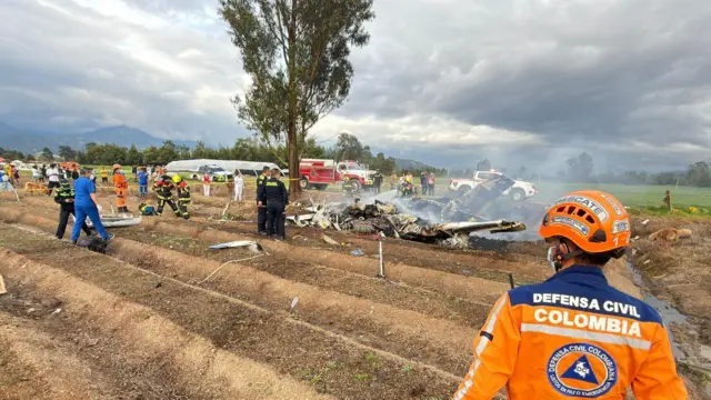Los restos de una avioneta accidentada humean mientras decenas de personas uniformadas rodean el lugar.