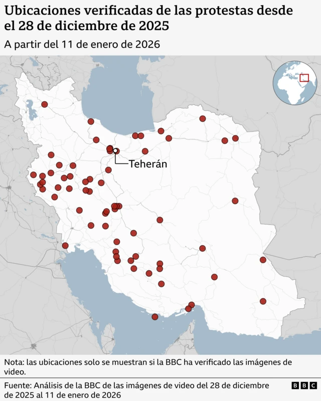 Mapa que muestra dónde tuvieron lugar las protestas en Irán 