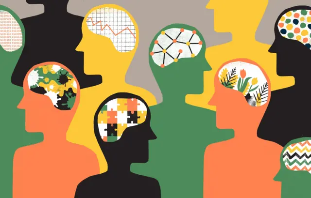 Ilustración de personas con diferentes patrones representando el cerebro