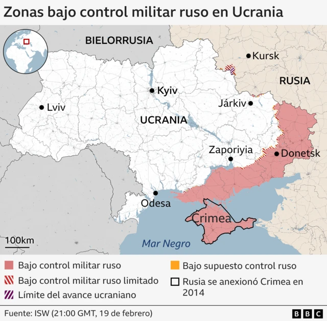 Mapa de las zonas bajo control militar ruso de Ucrania.