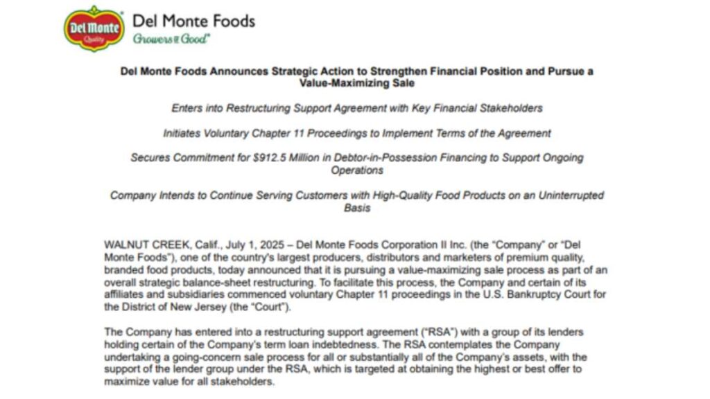 Del monte se declara en bancarrota comunicado