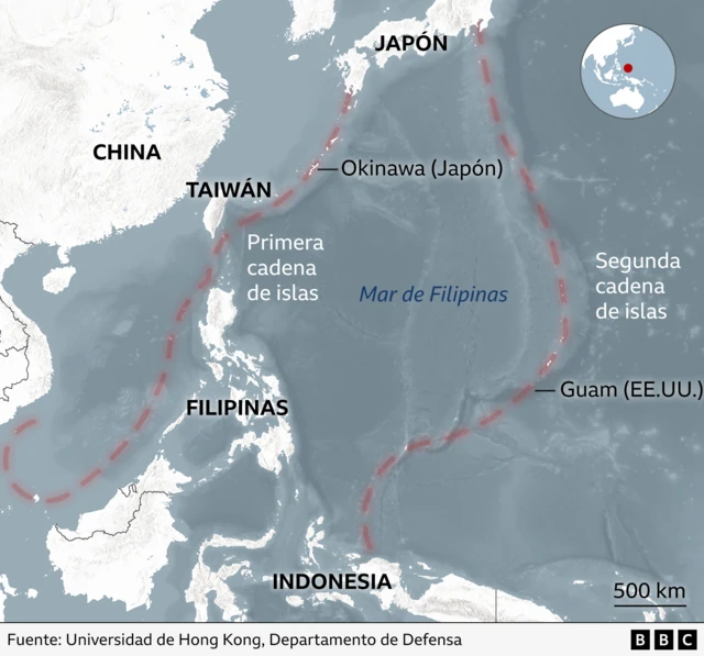 Gráfico del aérea del Pacífico bajo control de China donde se muestran Japón, Taiwán, Guam (EE.UU.) y Filipinas.