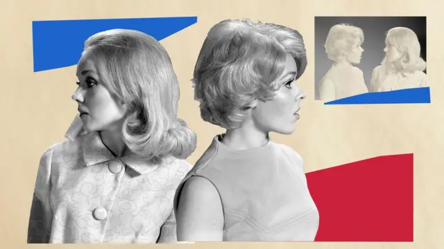 Collage de dos mujeres vestidas en estilo años 50 mirando cada una para un lado. 