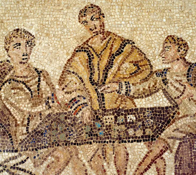 Jugadores de dados, panel de mosaico de Thysdrus, El Djem, Túnez. Civilización romana, siglo II d. C.