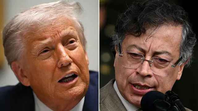 Una composición de dos fotos con los rostros de donald trump y gustavo petro en primer plano. Ambos tienen su boca abierta, pues están hablando. 
