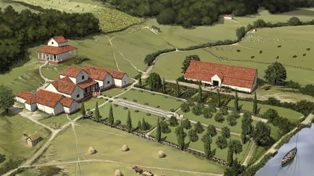 Un dibujo de Peter Urmston que reconstruye la villa romana de Lullingstone, en Kent, de finales del siglo IV. Muestra un gran antejardín con pinos, corredores y una elongada fuente que conducen a una gran casa de tejas rojas