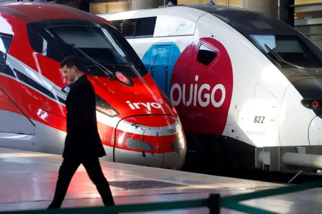Un hombre pasa junto a dos trenes de alta velocidad en la estación de Málaga.