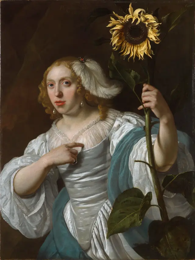 La joven sosteniendo un girasol de Maria van Oosterwyck