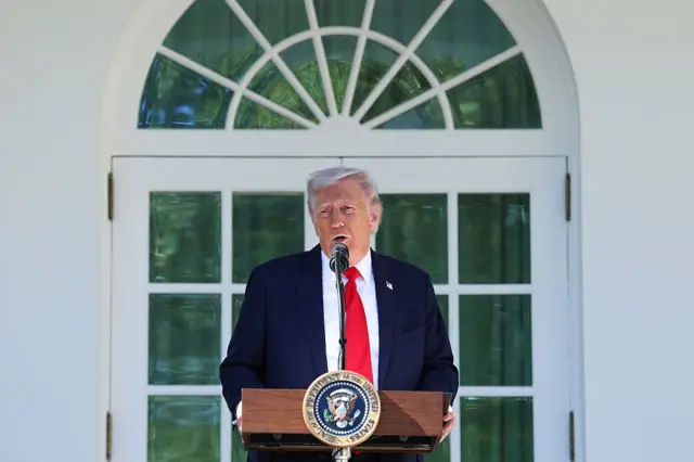 El presidente Donald Trump pronuncia un discurso durante un almuerzo en el Jardín de las Rosas de la Casa Blanca. Va vestido con traje de chaqueta azul oscuro, camisa blanca y corbata roja. Está apoyado en un atril que tiene un micrófono y un escudo de la presidencia de Estados Unidos. El fondo es una pared blanca, en medio una ventana de marcos blancos con una cortina verde.