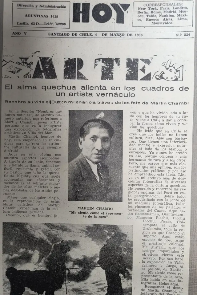 Foto de la entrevista que Martín Chambi dio al diario Hoy de Chile en 1936, que pertenece al Archivo Fotográfico de la Asociación Martín Chambi.