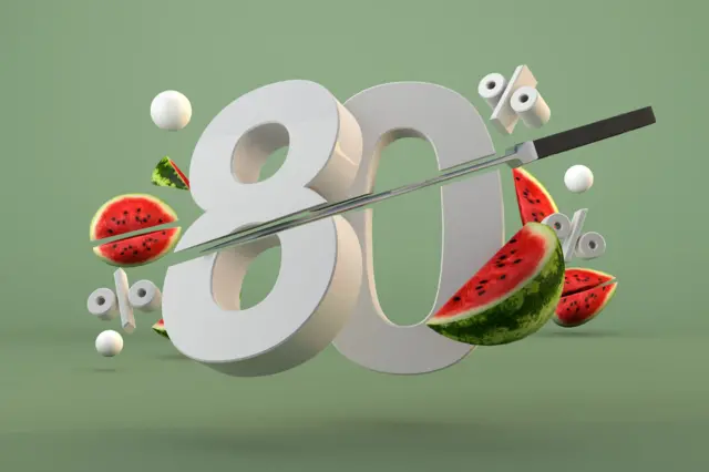 Ilustración con cifra de 80% cortada con un cuchillo y rebanadas de sandía