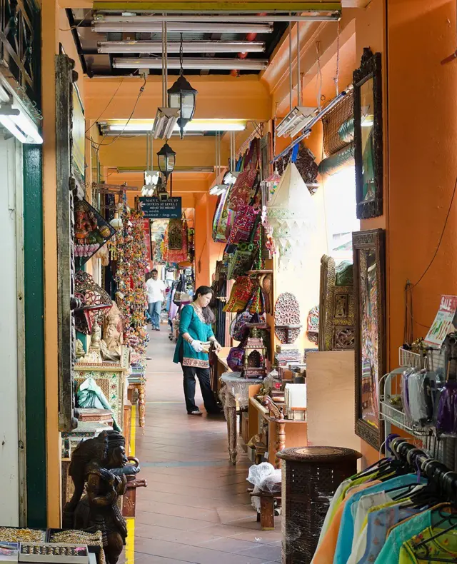 Una mujer pasea por una galería, que deja parte de la acera techada y donde los comercios exhiben sus productos.