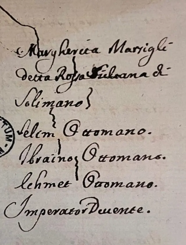 El documento en los archivos del Vaticano que se cree que representa un árbol genealógico que incluye a Hürrem Sultan.